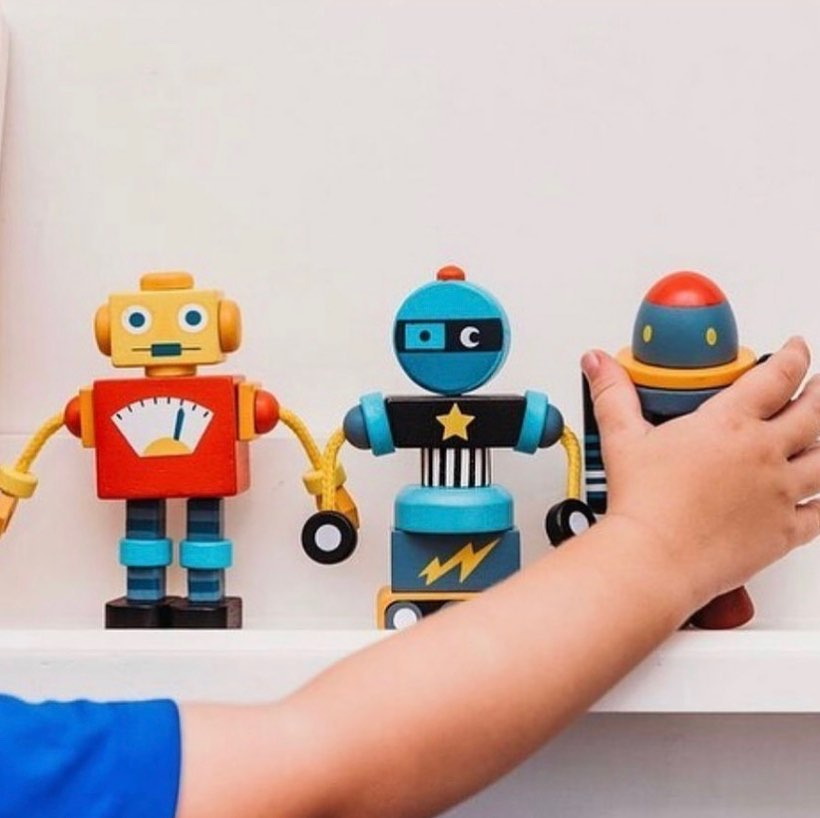 Joc de construit 3 Roboti Retro, lemn premium, 17 piese