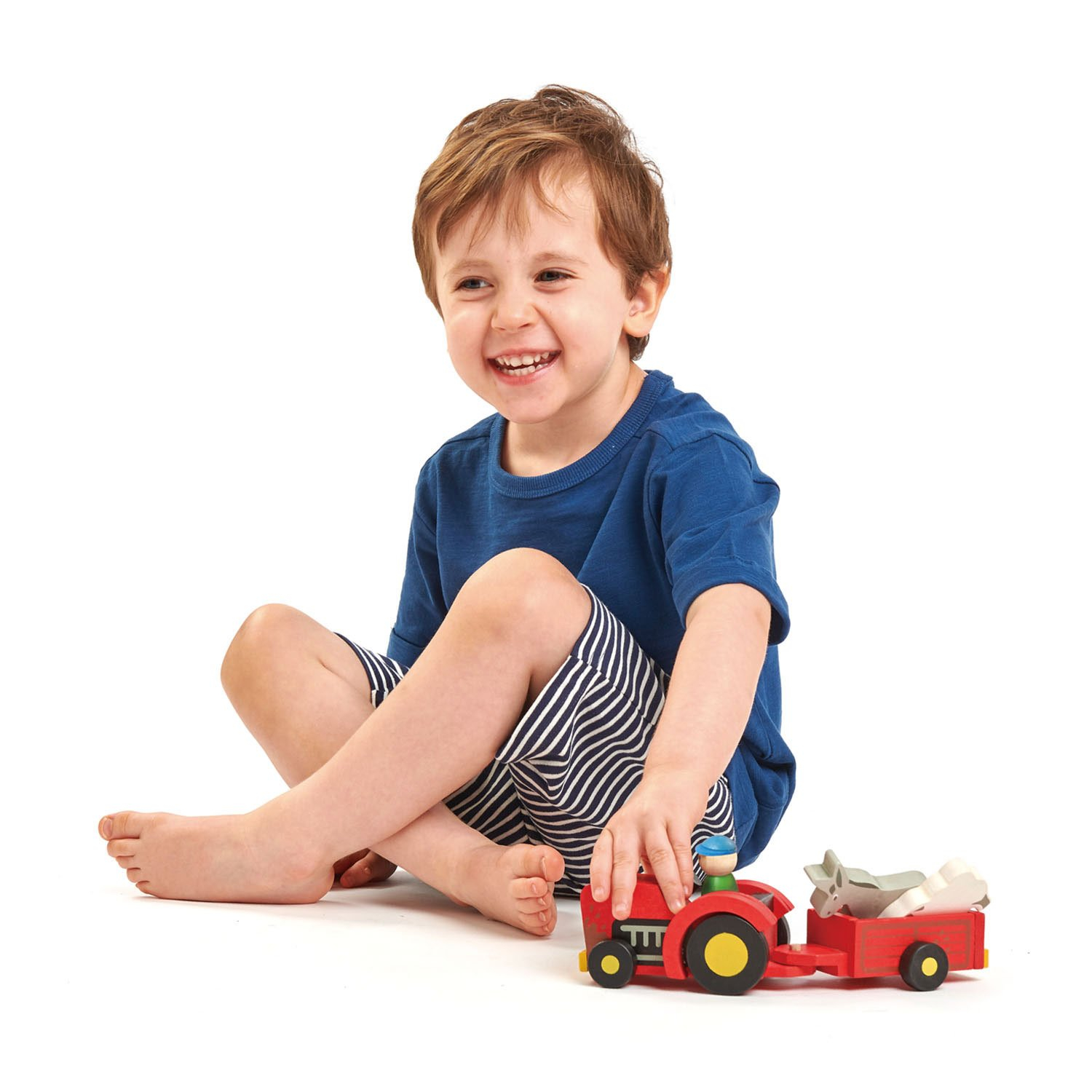 Tractor cu remorca jucarie din lemn educativa, 5 piese
